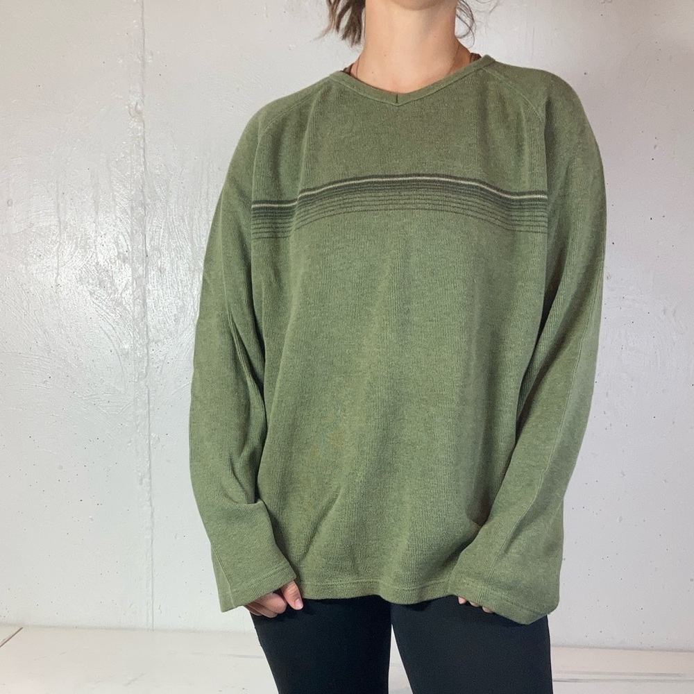 90s Green V Neck Striped 100% Cotton Sweater